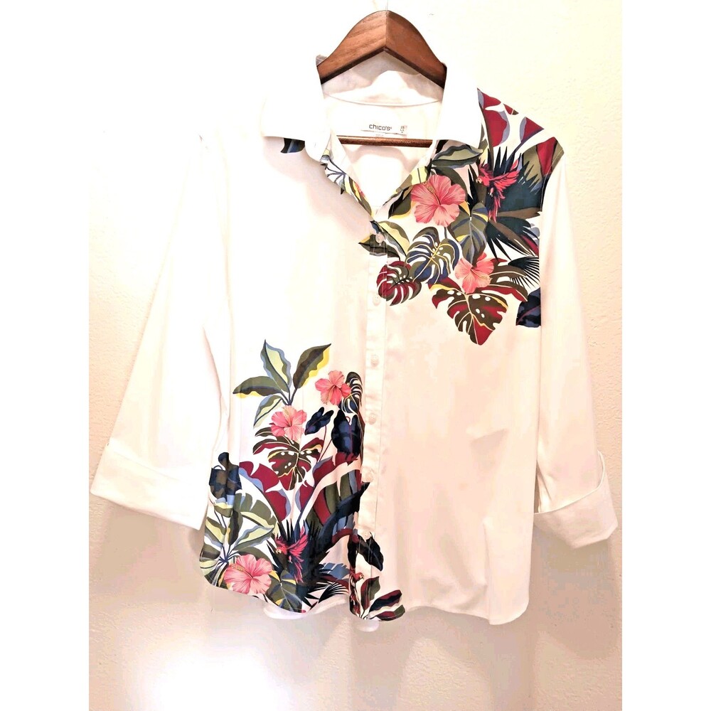 Chico's Size 2.5 (US 14) White Tropical Floral Button Front 3/4 Sleeve Blouse